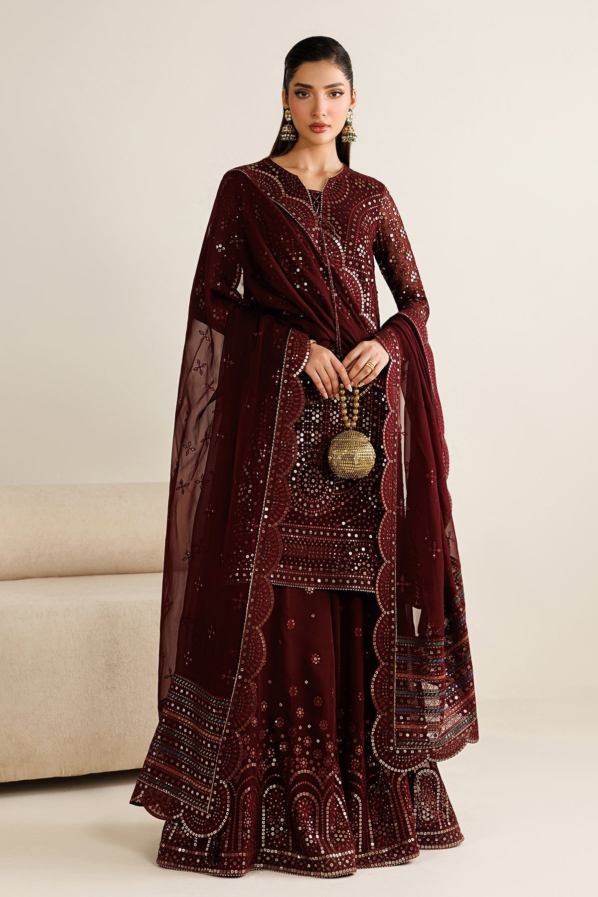 Jazmin Chiffon Embroidered - Mehroon 3-Pc | Replica
