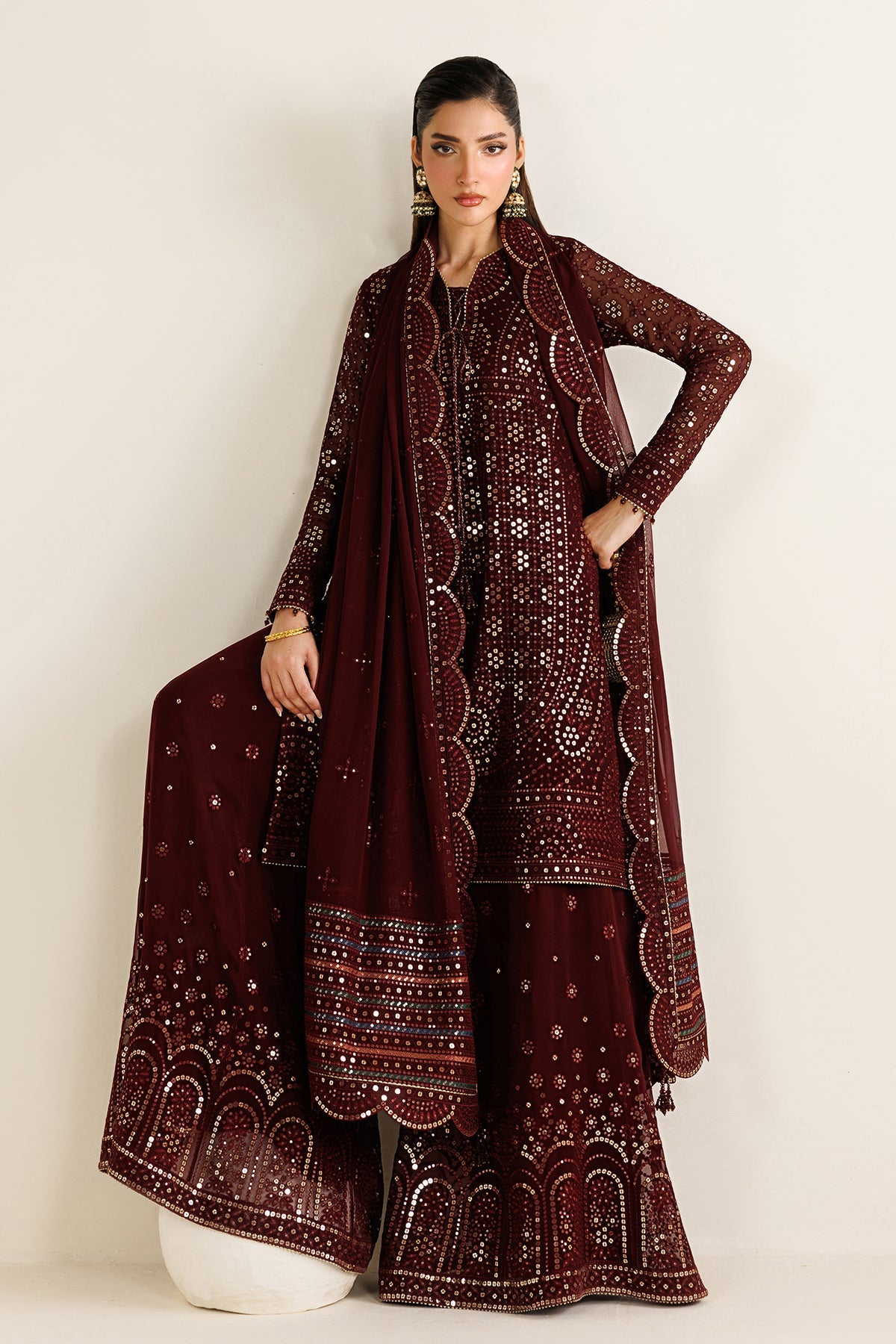 Jazmin Chiffon Embroidered - Mehroon 3-Pc | Replica
