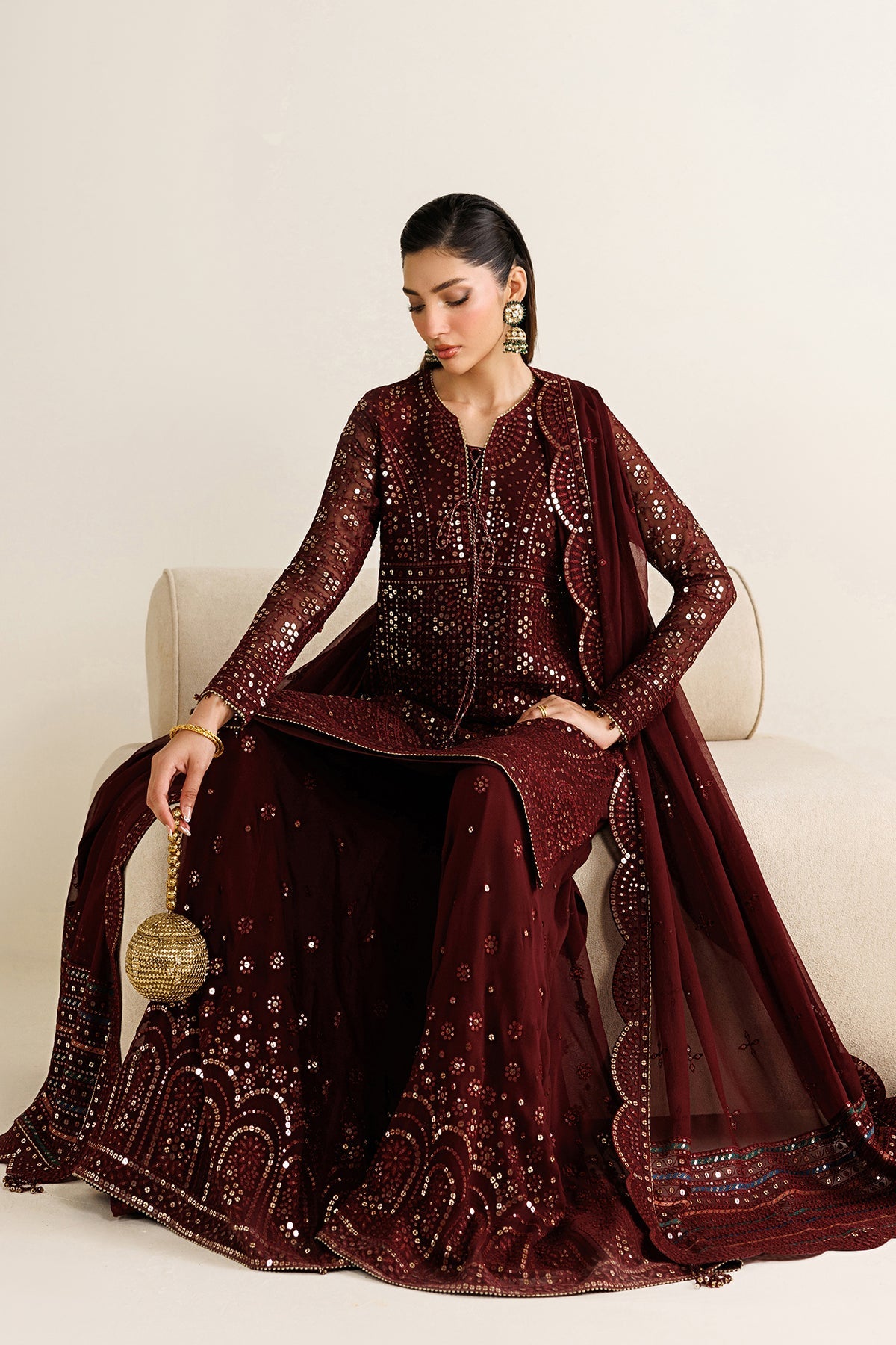 Jazmin Chiffon Embroidered - Mehroon 3-Pc | Replica