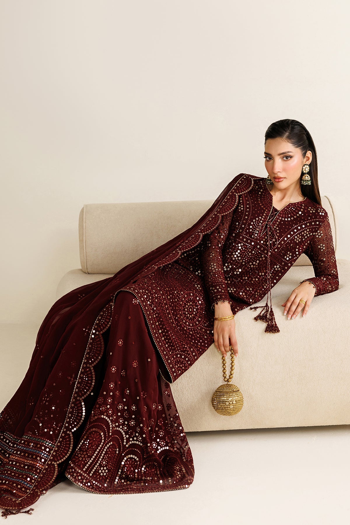 Jazmin Chiffon Embroidered - Mehroon 3-Pc | Replica