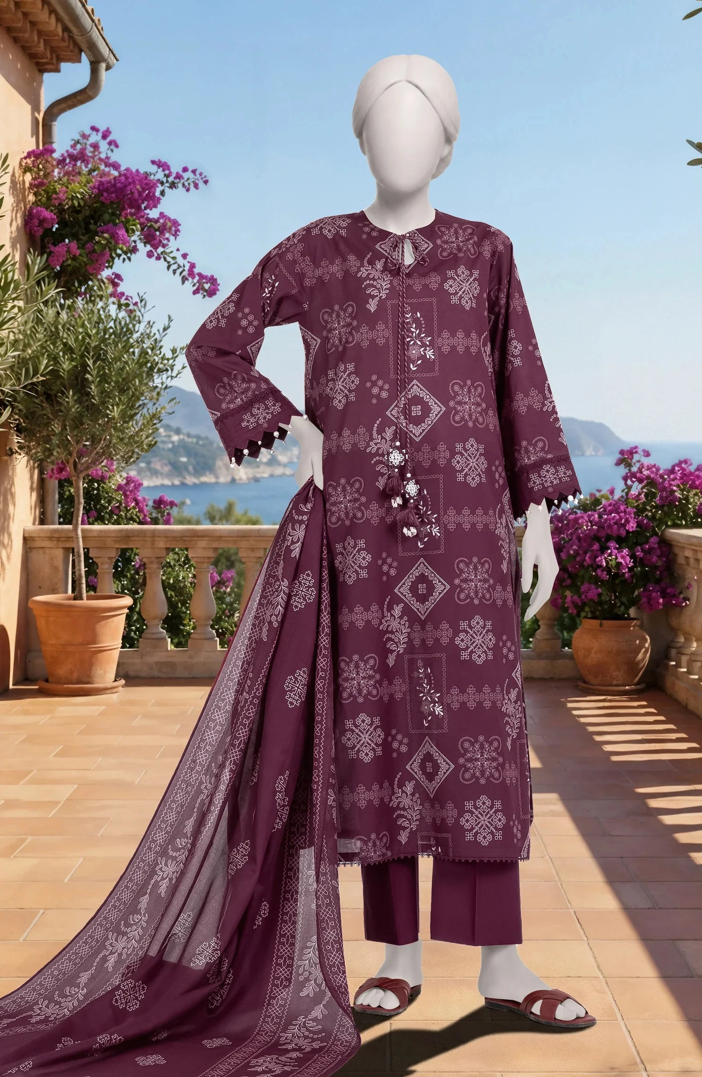 Mtj 3 PIECE PRINTED LAWN SUIT- Maroon (UNSTITCHED)