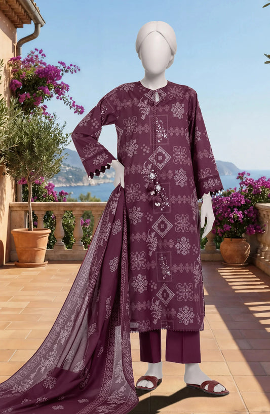 Mtj 3 PIECE PRINTED LAWN SUIT- Maroon (UNSTITCHED)
