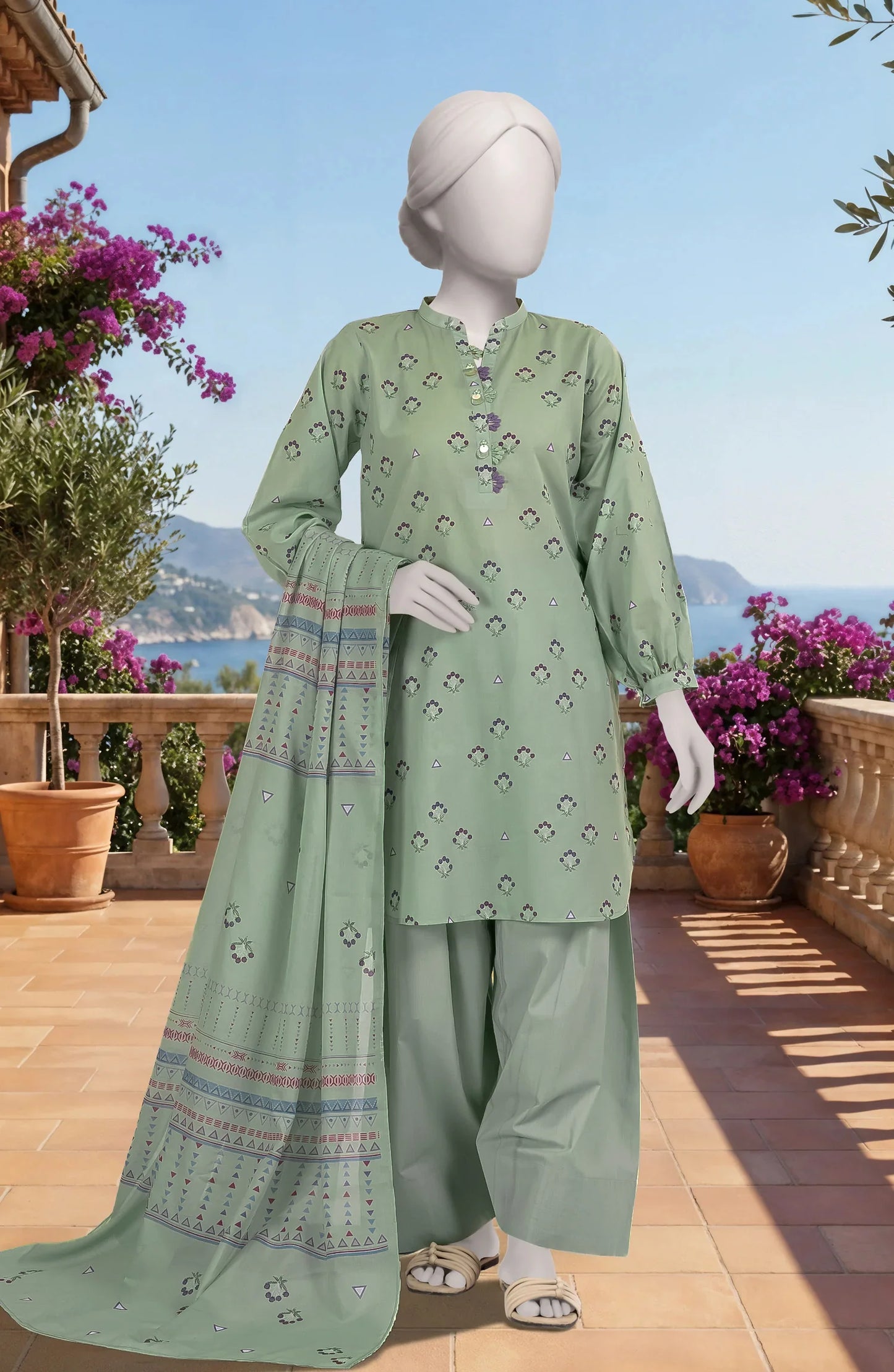 Mtj 3 PIECE PRINTED LAWN SUIT- Light-Green (UNSTITCHED)