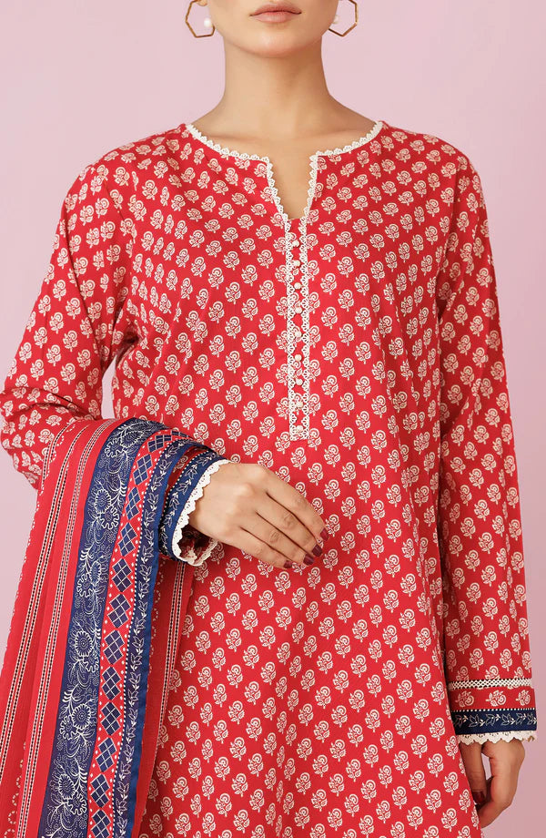 Orient 3 PIECE PRINTED LAWN SUIT- Red (UNSTITCHED)