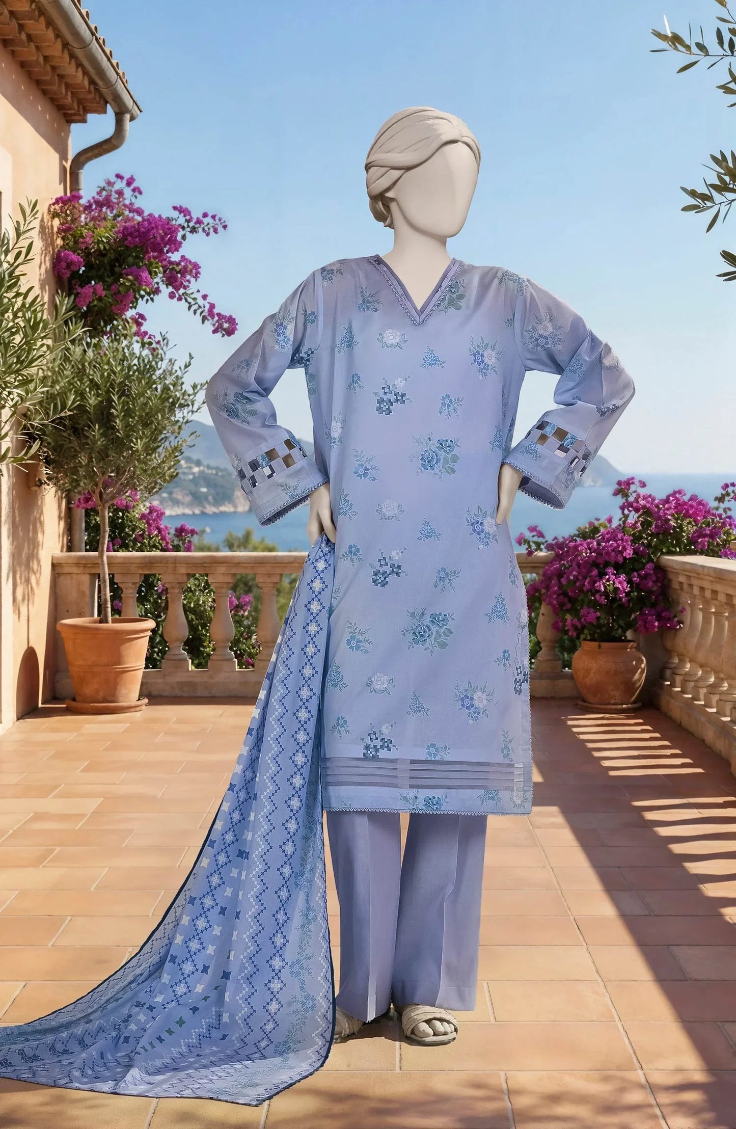 Mtj 3 PIECE PRINTED LAWN SUIT- Sky-Blue (UNSTITCHED)