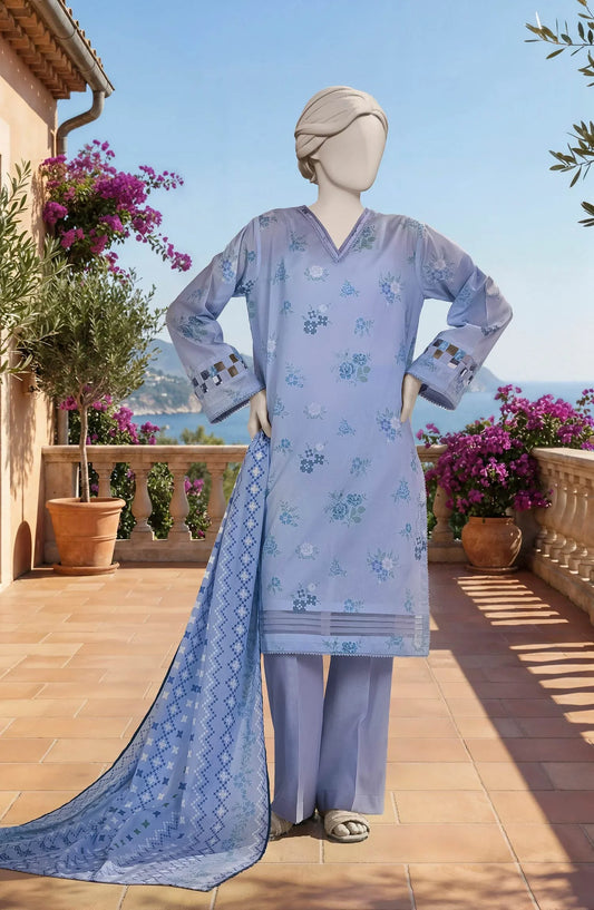 Mtj 3 PIECE PRINTED LAWN SUIT- Sky-Blue (UNSTITCHED)