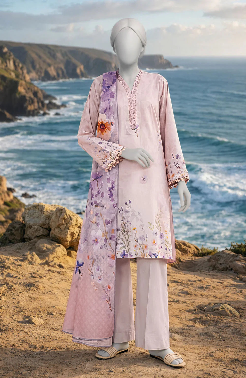 Mtj 3 PIECE PRINTED LAWN SUIT- Light-Pink (UNSTITCHED)