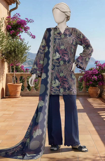 Mtj 3 PIECE PRINTED LAWN SUIT- Blue (UNSTITCHED)