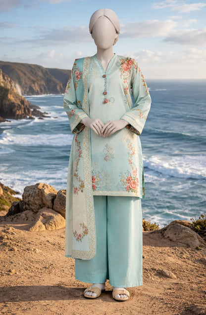 Mtj 3 PIECE PRINTED LAWN SUIT- Sky-Blue (UNSTITCHED)