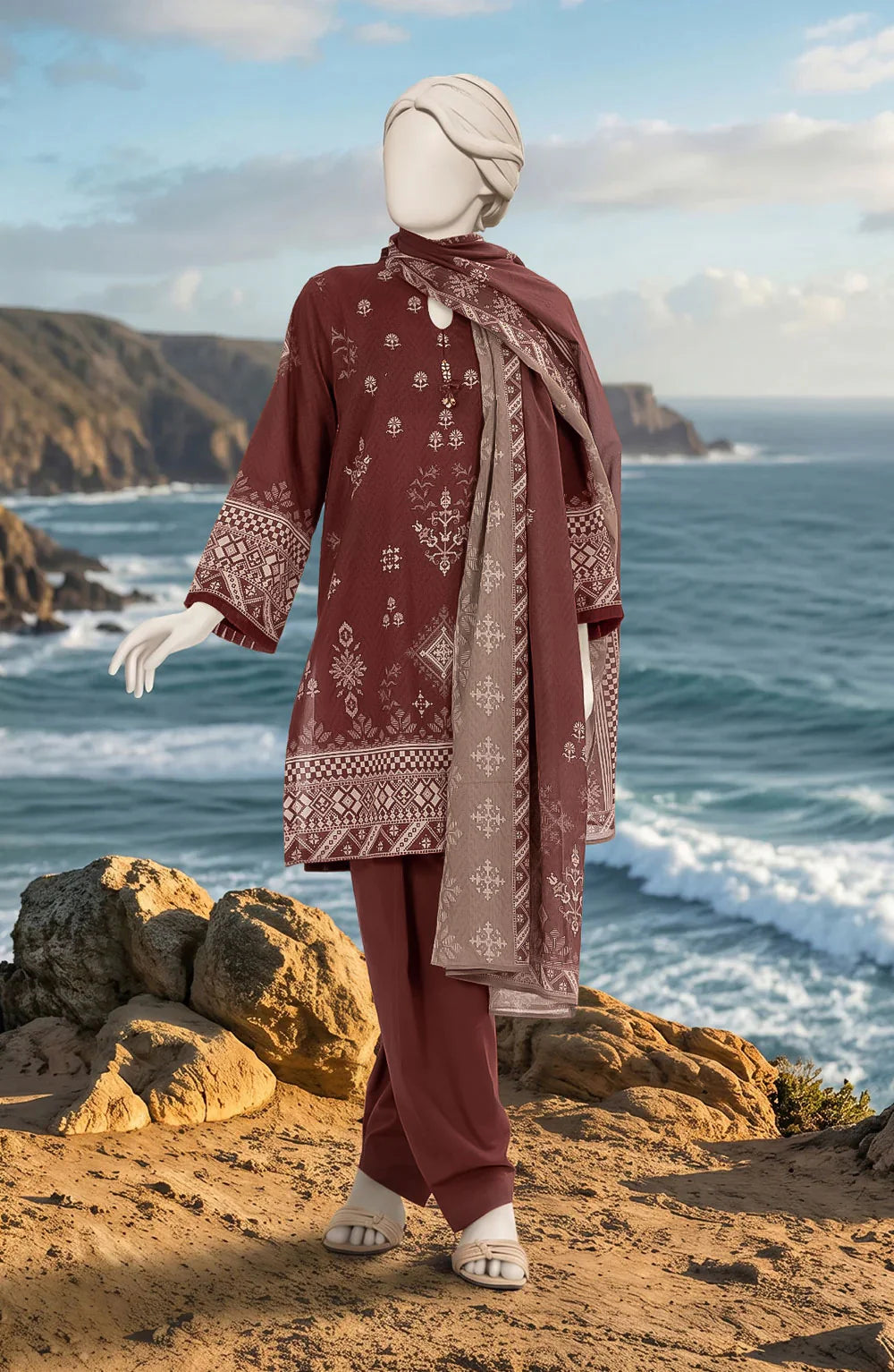 Mtj 3 PIECE PRINTED LAWN SUIT- Brown (UNSTITCHED)