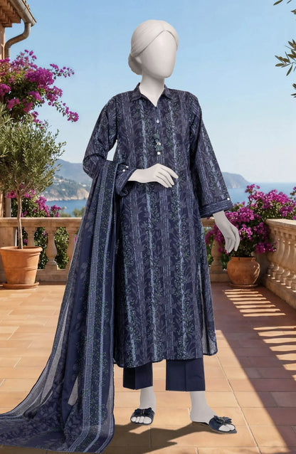 Mtj 3 PIECE PRINTED LAWN SUIT- Navy-Blue (UNSTITCHED)