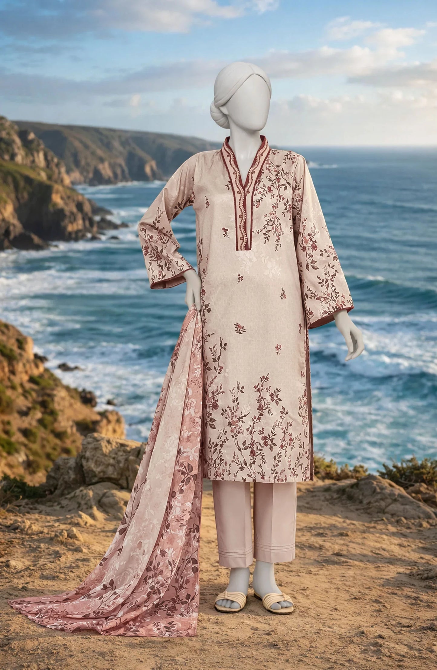 Mtj 3 PIECE PRINTED LAWN SUIT- Peach (UNSTITCHED)