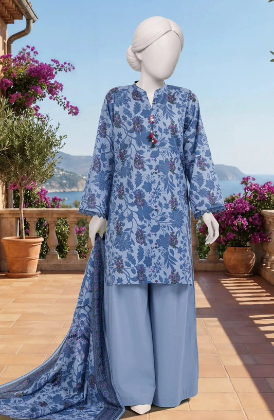 Mtj 3 PIECE PRINTED LAWN SUIT- Sky-Blue (UNSTITCHED)