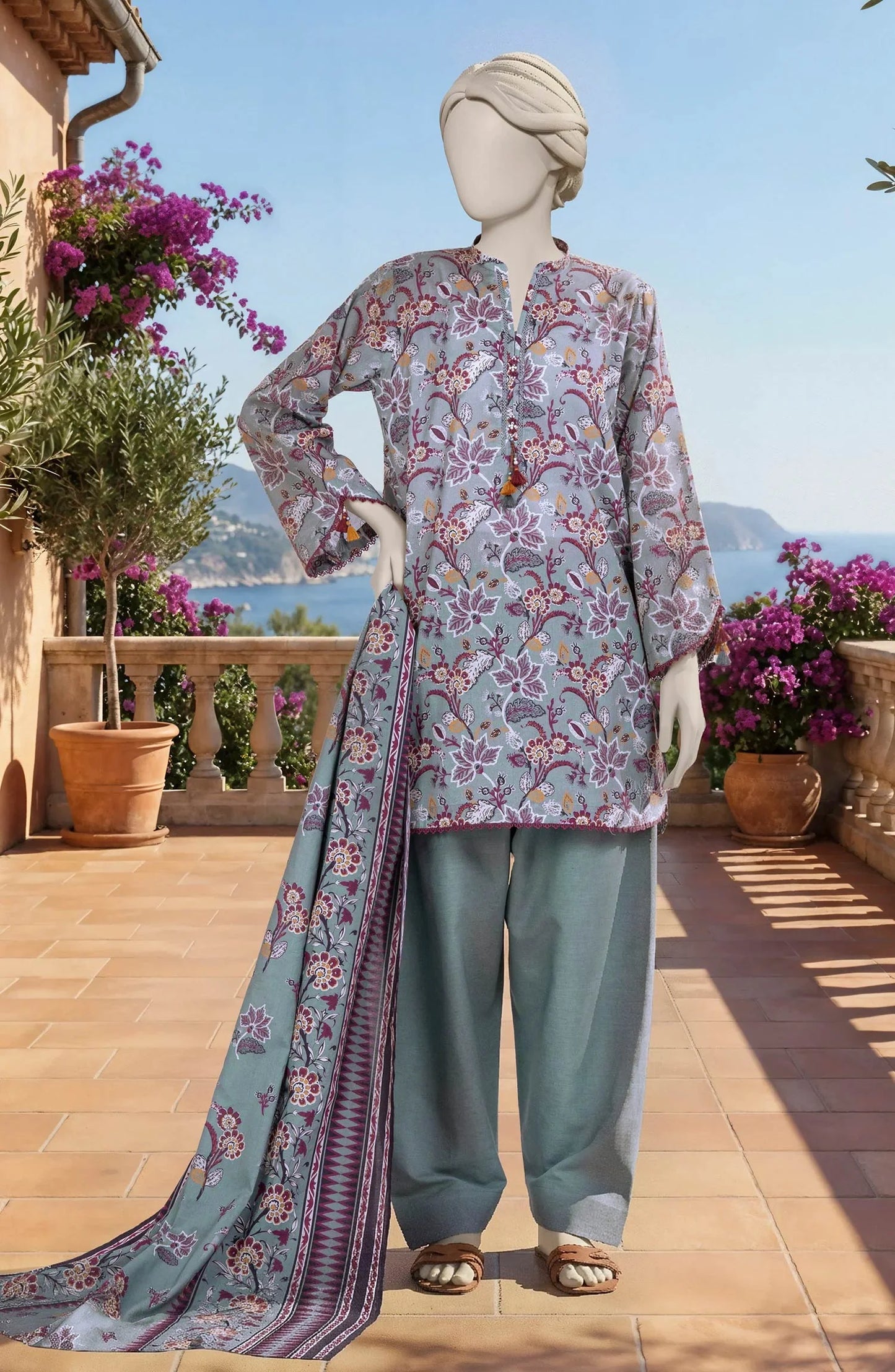 Mtj 3 PIECE PRINTED LAWN SUIT- Slate-Grey (UNSTITCHED)
