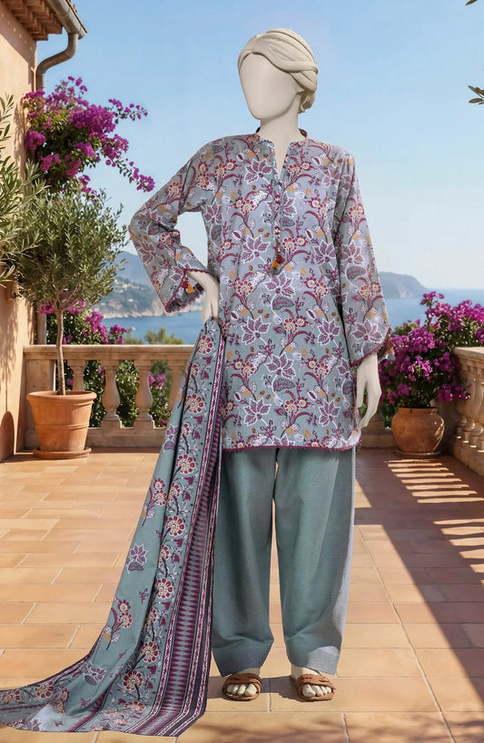 Mtj 3 PIECE PRINTED LAWN SUIT- Slate-Grey (UNSTITCHED)