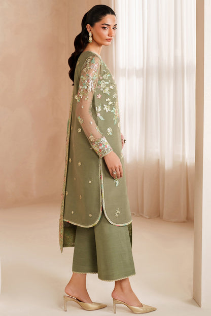Full front view of the Farasha Luxury Chiffon Embroidered Olive Dazzle suit showcasing the embroidered front and border.
