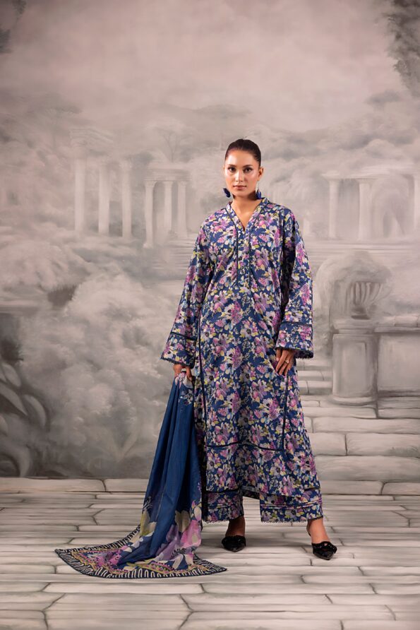Blue Salina Separates Lawn Collection unstitched ensemble worn by model for a vibrant 2026 look.
