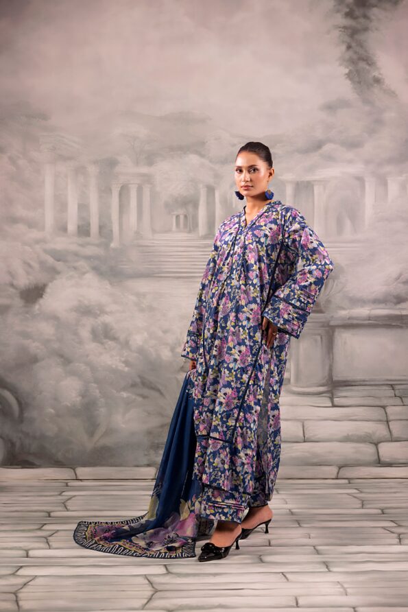 Blue Salina Separates Lawn Collection unstitched ensemble worn by model for a vibrant 2026 look.