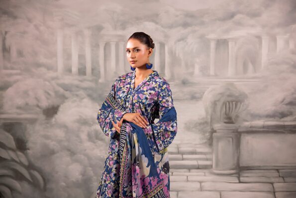 Blue Salina Separates Lawn Collection unstitched ensemble worn by model for a vibrant 2026 look.