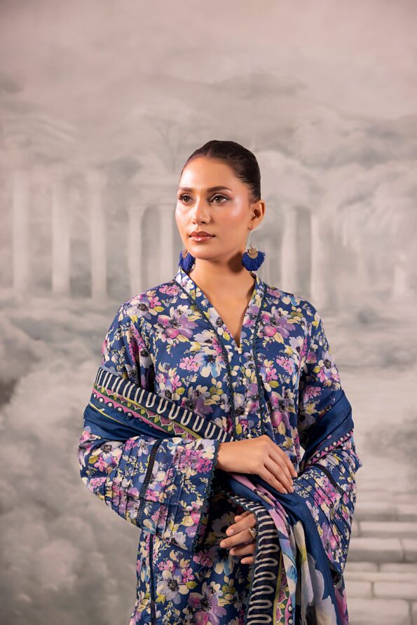 Blue Salina Separates Lawn Collection unstitched ensemble worn by model for a vibrant 2026 look.