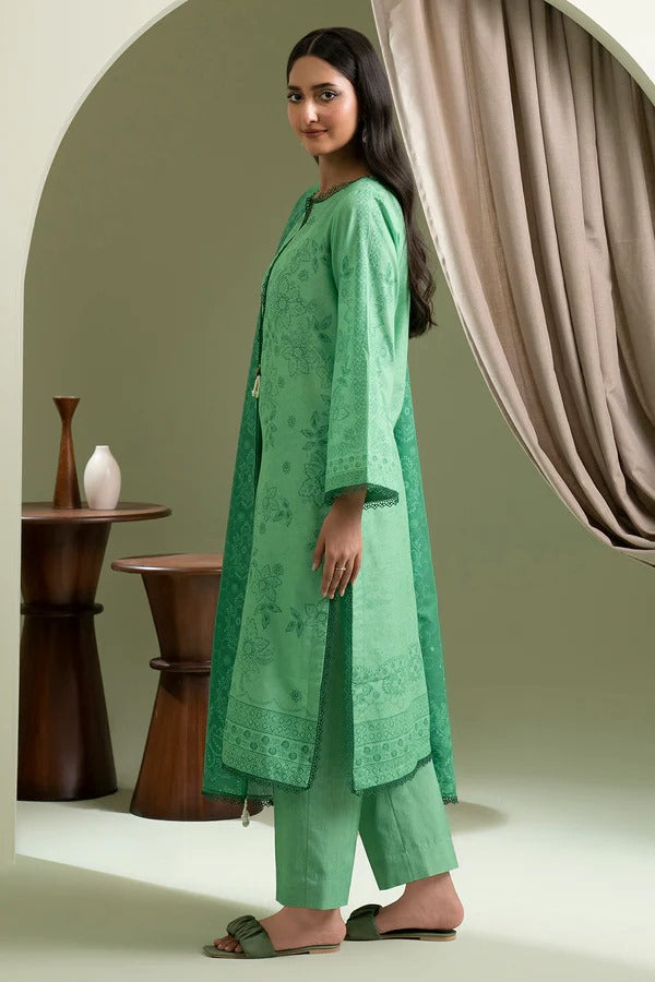 Green Zellbury 3pc Unstitched Lawn Suit – Stylish Pakistani Lawn Outfit 2025
