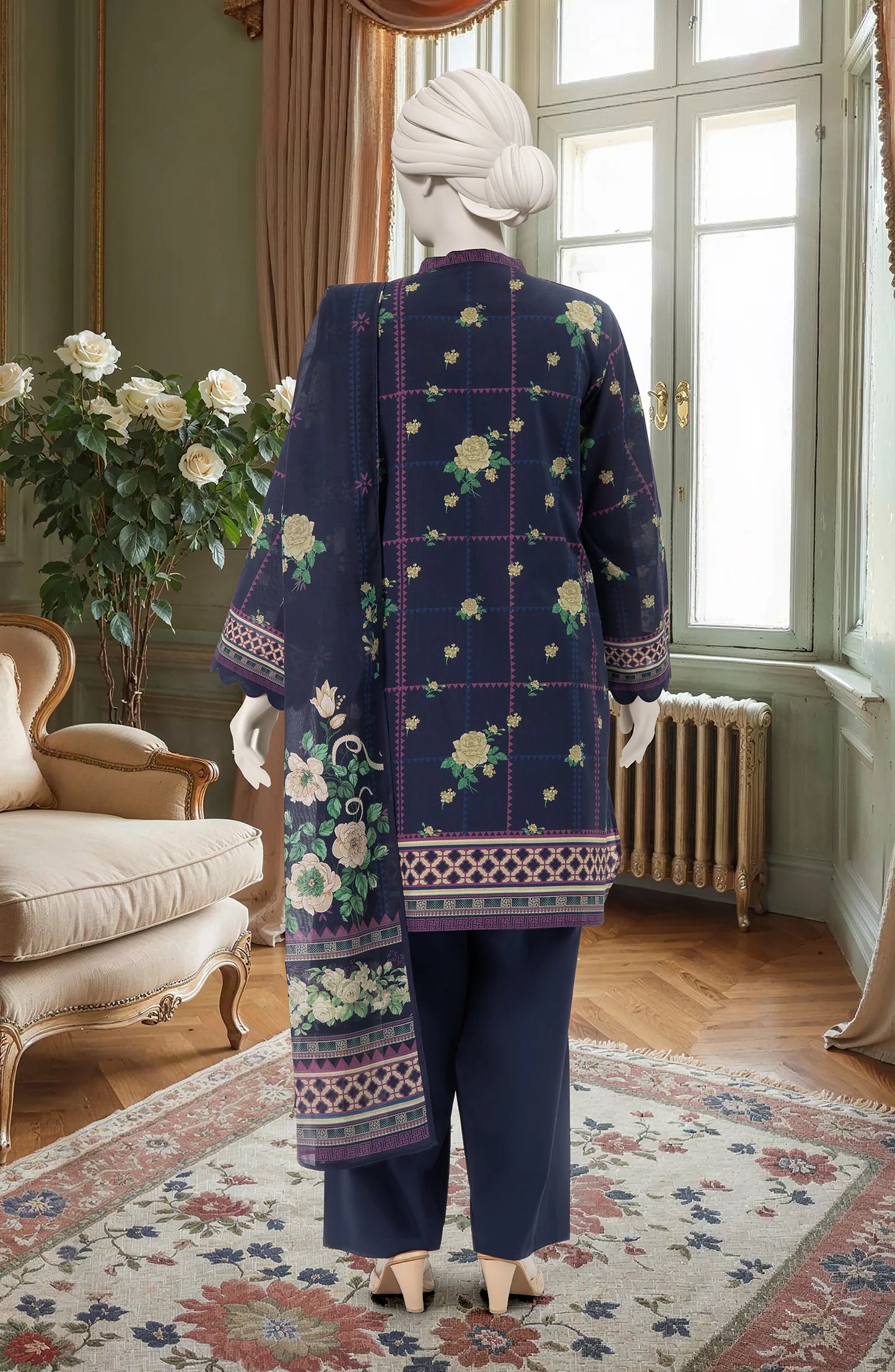 Mtj 3 PIECE PRINTED LAWN SUIT- Navy-Blue (UNSTITCHED)