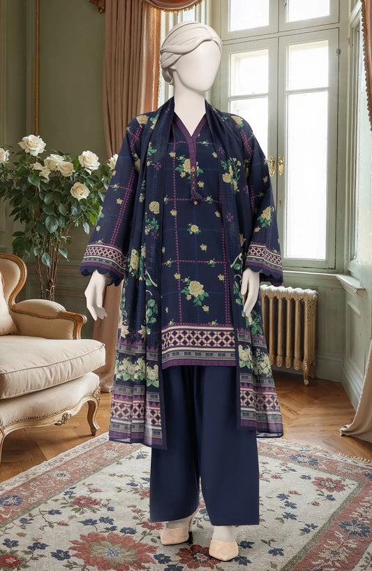 Mtj 3 PIECE PRINTED LAWN SUIT- Navy-Blue (UNSTITCHED)
