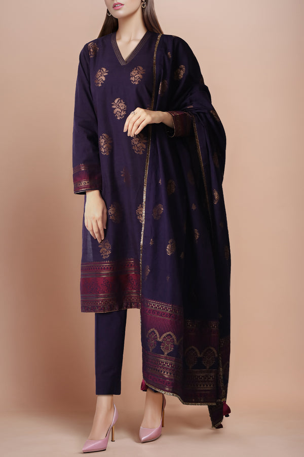 Dark Purple Saya Cotton Jacquard 3pc suit worn by model showcasing luxury unstitched tailoring.
