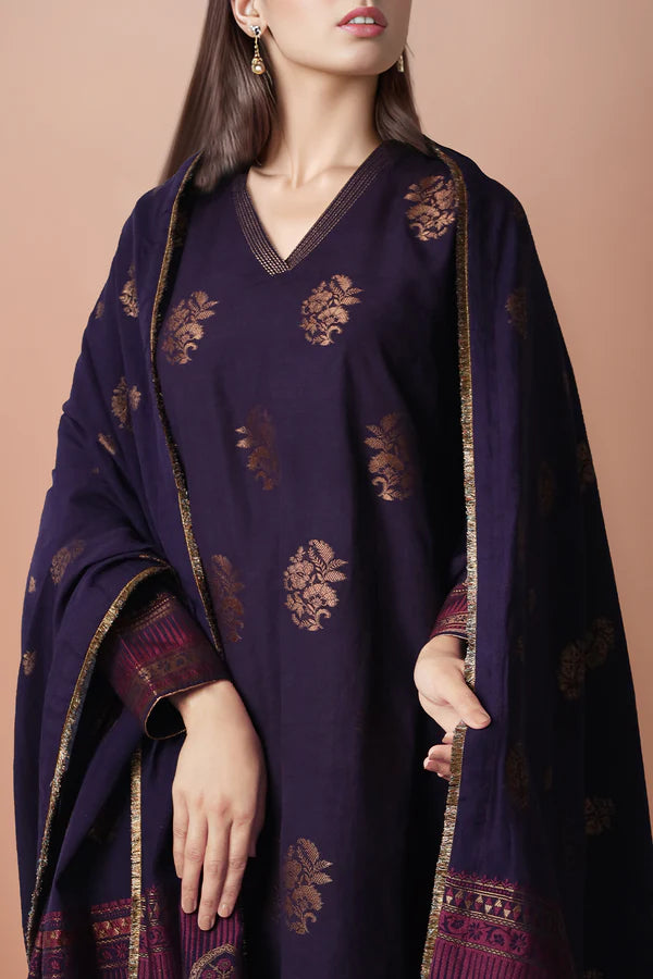 Dark Purple Saya Cotton Jacquard 3pc suit worn by model showcasing luxury unstitched tailoring.