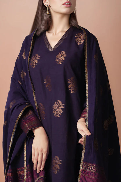 Dark Purple Saya Cotton Jacquard 3pc suit worn by model showcasing luxury unstitched tailoring.