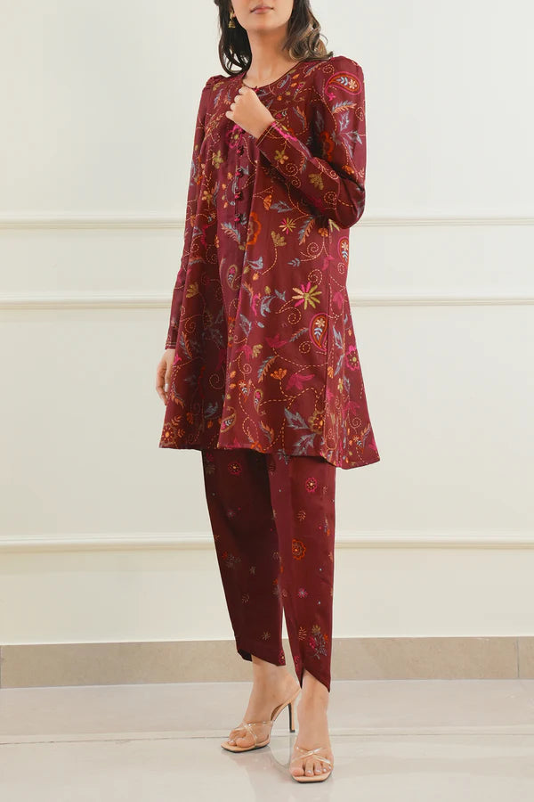 Maroon| Saya 2PC Unstitched Lawn Suit