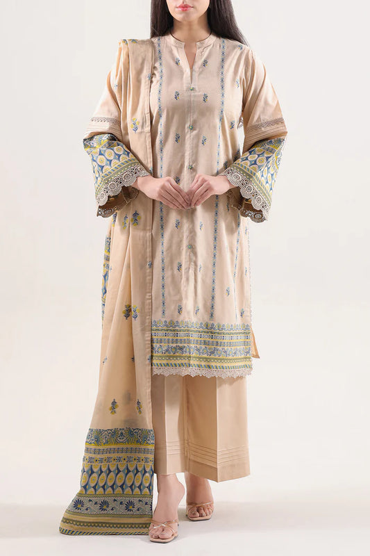 Beige | Saya 3pc Unstitched Cotton Jacquard 3-Piece