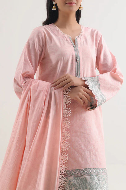 Peach Saya Cotton Jacquard 3pc suit worn by model showcasing luxury unstitched tailoring.