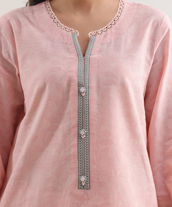 Peach Saya Cotton Jacquard 3pc suit worn by model showcasing luxury unstitched tailoring.