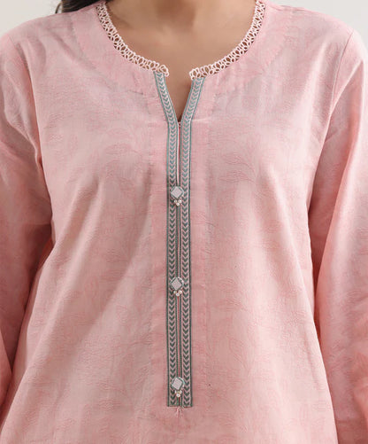 Peach Saya Cotton Jacquard 3pc suit worn by model showcasing luxury unstitched tailoring.