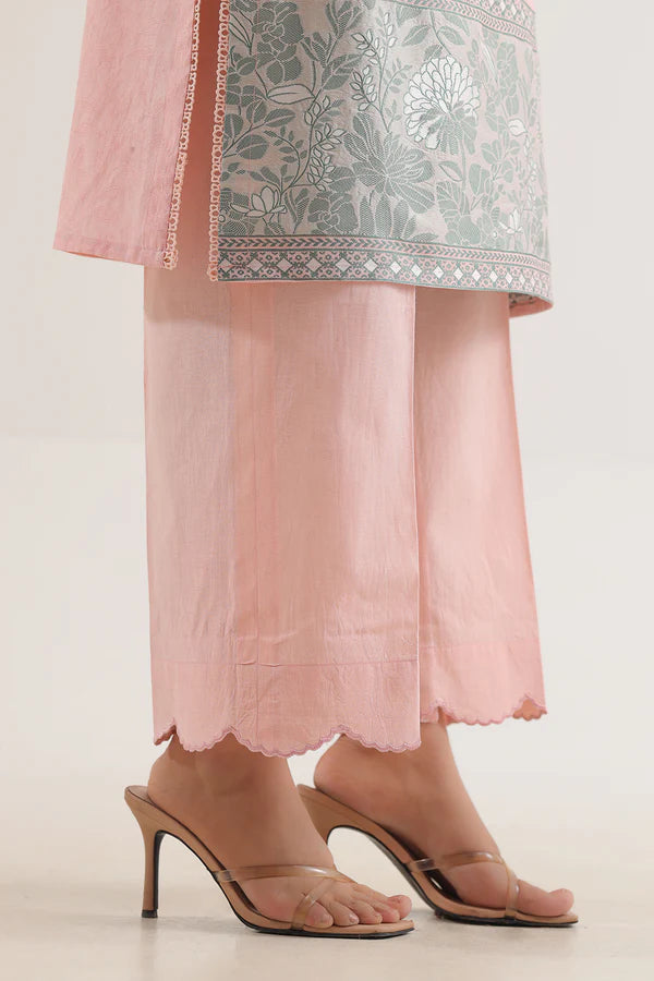 Peach Saya Cotton Jacquard 3pc suit worn by model showcasing luxury unstitched tailoring.