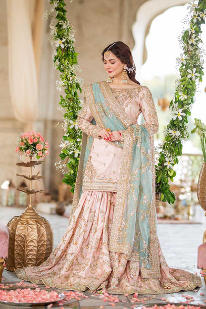 Hania Embroidered Net Gharara 3pc in Baby Pink, featuring intricate hand-stitched details and elegant embellishments.