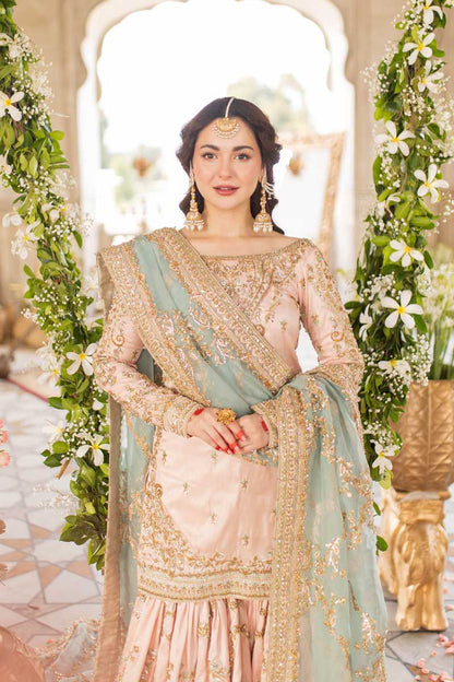 Hania Embroidered Net Gharara in baby pink worn by a model with intricate embellishments and a light blue dupatta.
