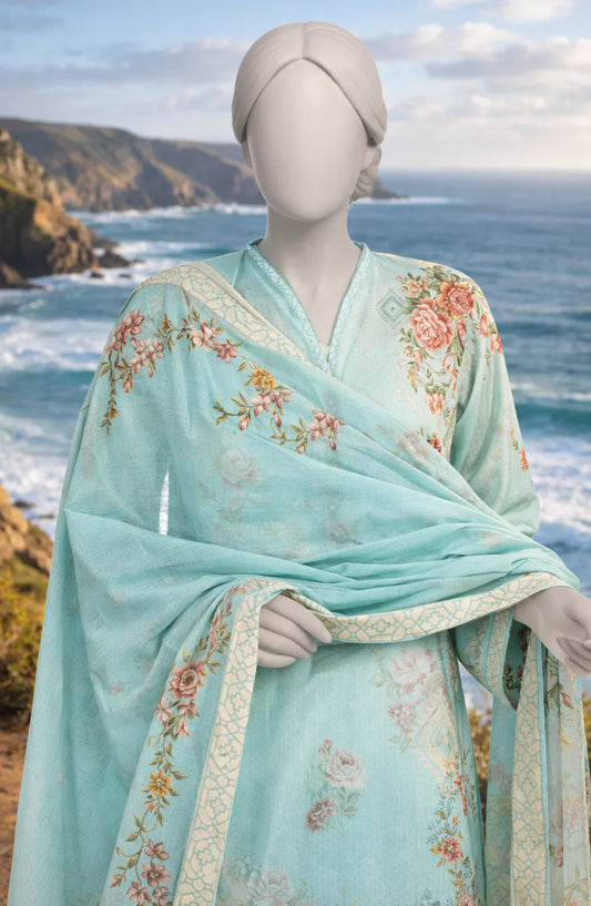 Mtj 3 PIECE PRINTED LAWN SUIT- Sky-Blue (UNSTITCHED)
