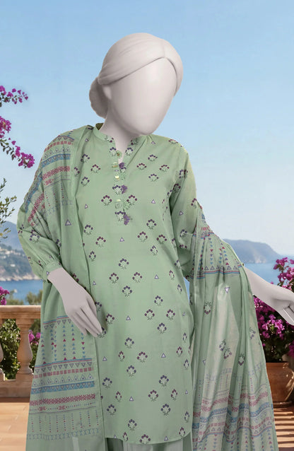 Mtj 3 PIECE PRINTED LAWN SUIT- Light-Green (UNSTITCHED)