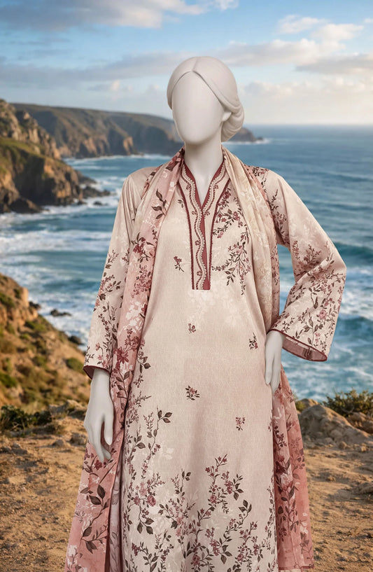 Mtj 3 PIECE PRINTED LAWN SUIT- Peach (UNSTITCHED)