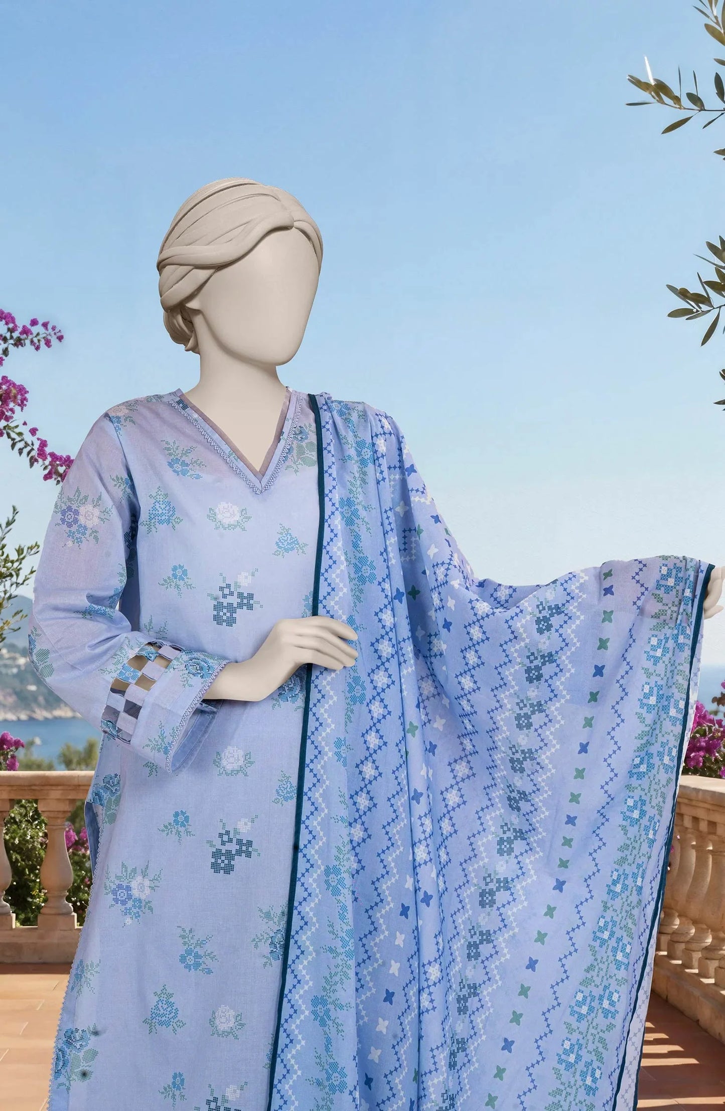 Mtj 3 PIECE PRINTED LAWN SUIT- Sky-Blue (UNSTITCHED)