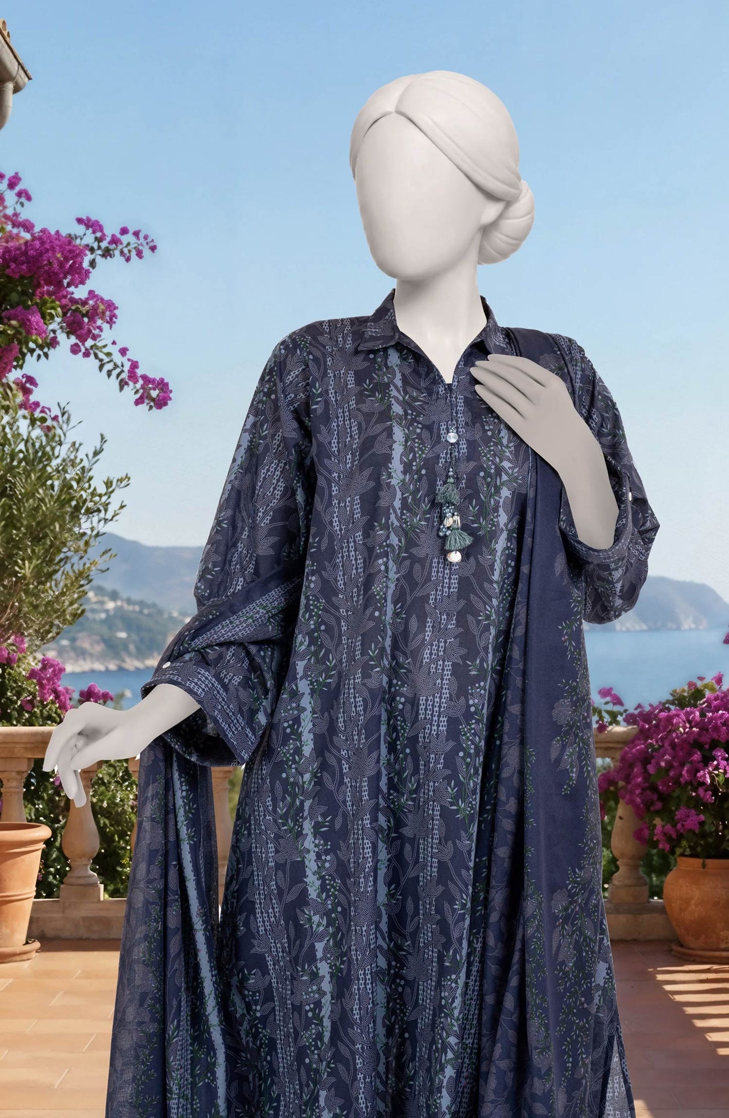 Mtj 3 PIECE PRINTED LAWN SUIT- Navy-Blue (UNSTITCHED)