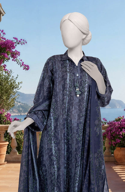 Mtj 3 PIECE PRINTED LAWN SUIT- Navy-Blue (UNSTITCHED)