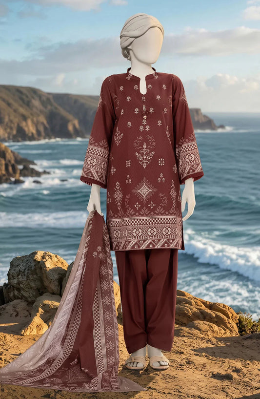 Mtj 3 PIECE PRINTED LAWN SUIT- Brown (UNSTITCHED)