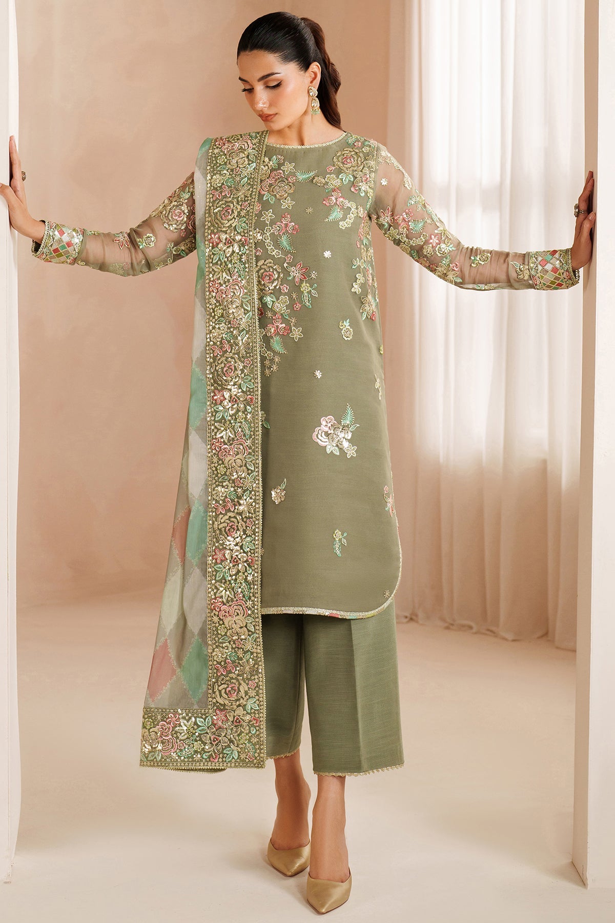 Full front view of the Farasha Luxury Chiffon Embroidered Olive Dazzle suit showcasing the embroidered front and border.
