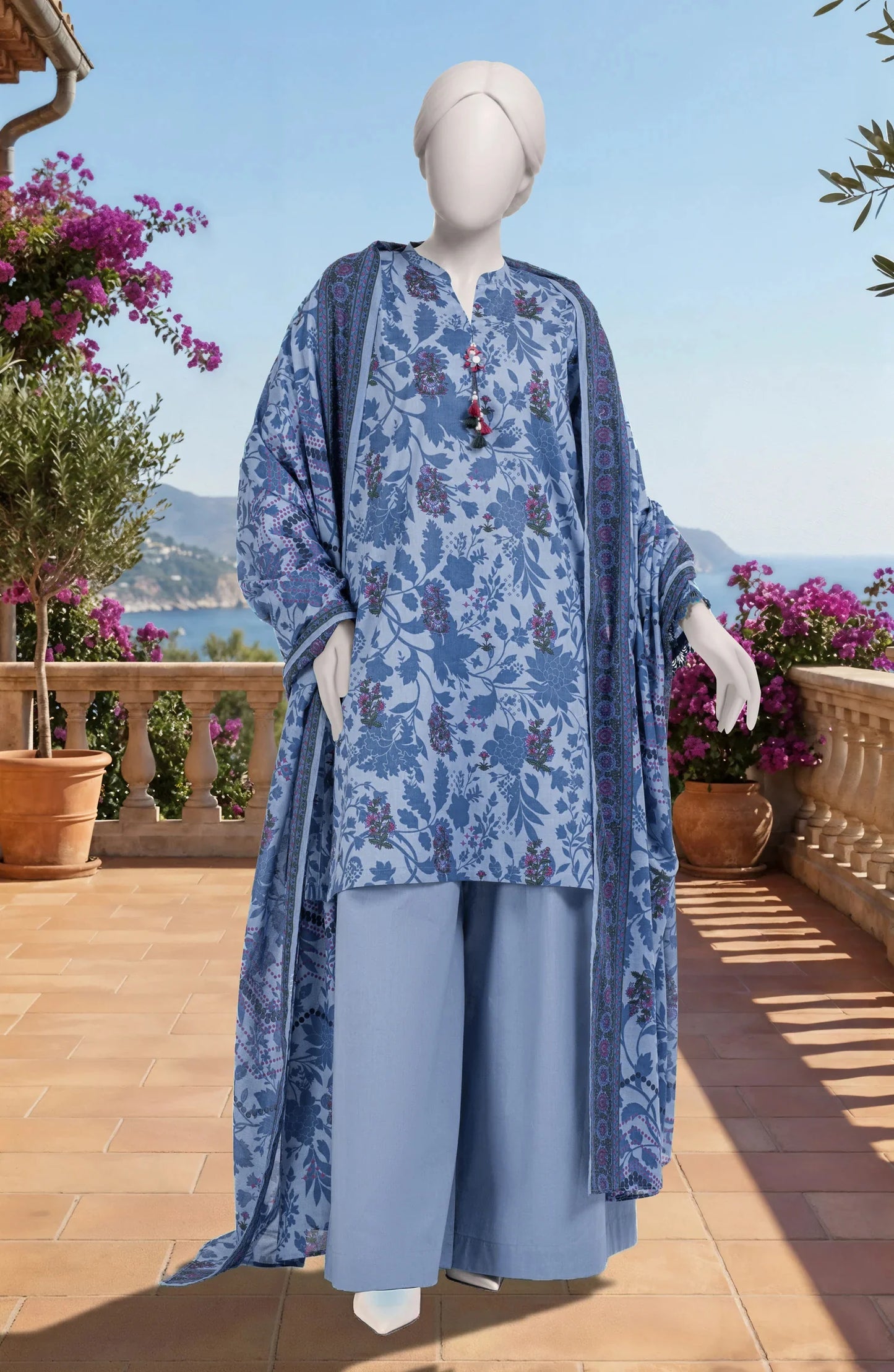 Mtj 3 PIECE PRINTED LAWN SUIT- Sky-Blue (UNSTITCHED)