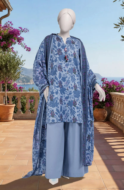 Mtj 3 PIECE PRINTED LAWN SUIT- Sky-Blue (UNSTITCHED)