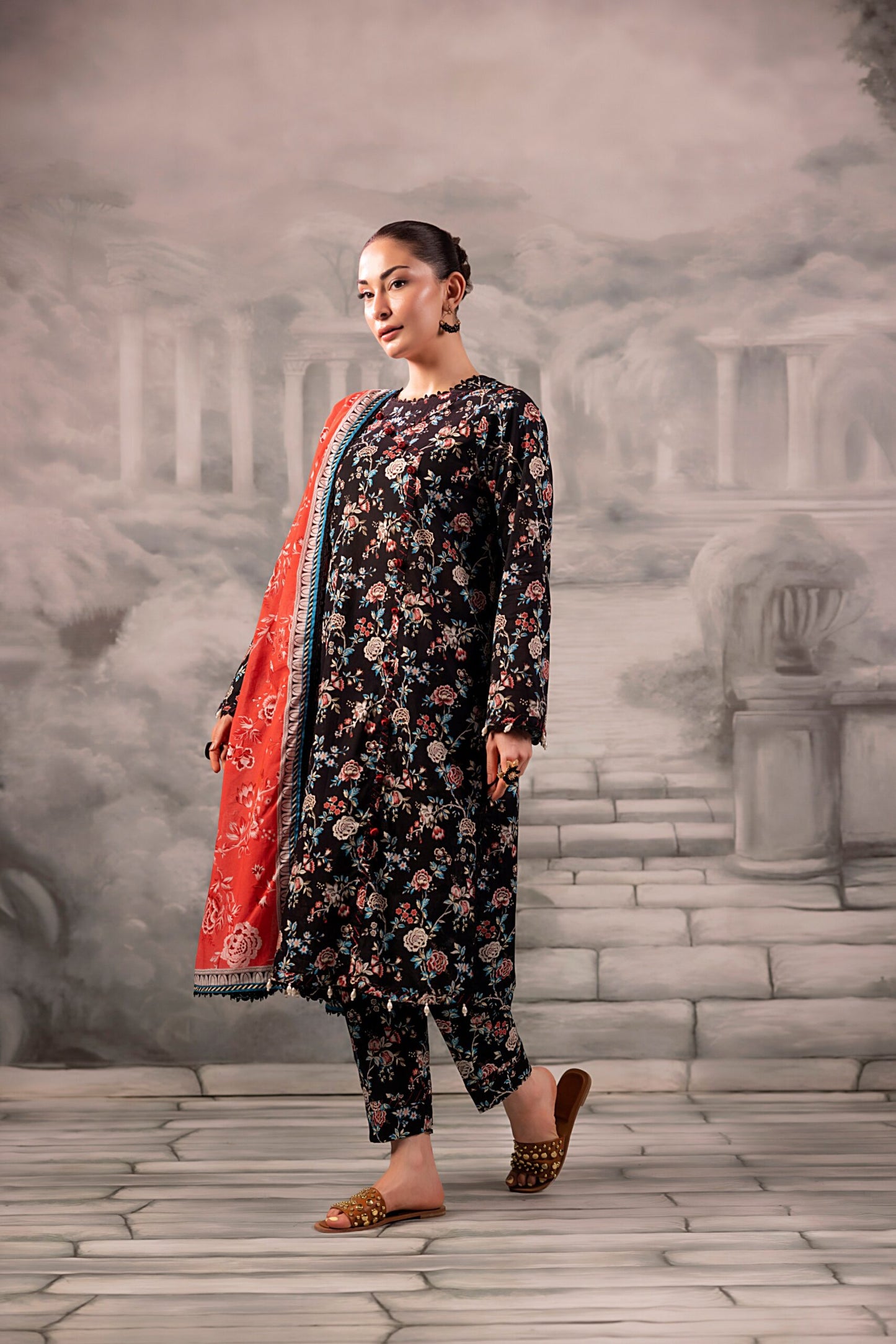 Black Salina Separates Lawn Collection suit worn by model for a sharp, sophisticated summer look.