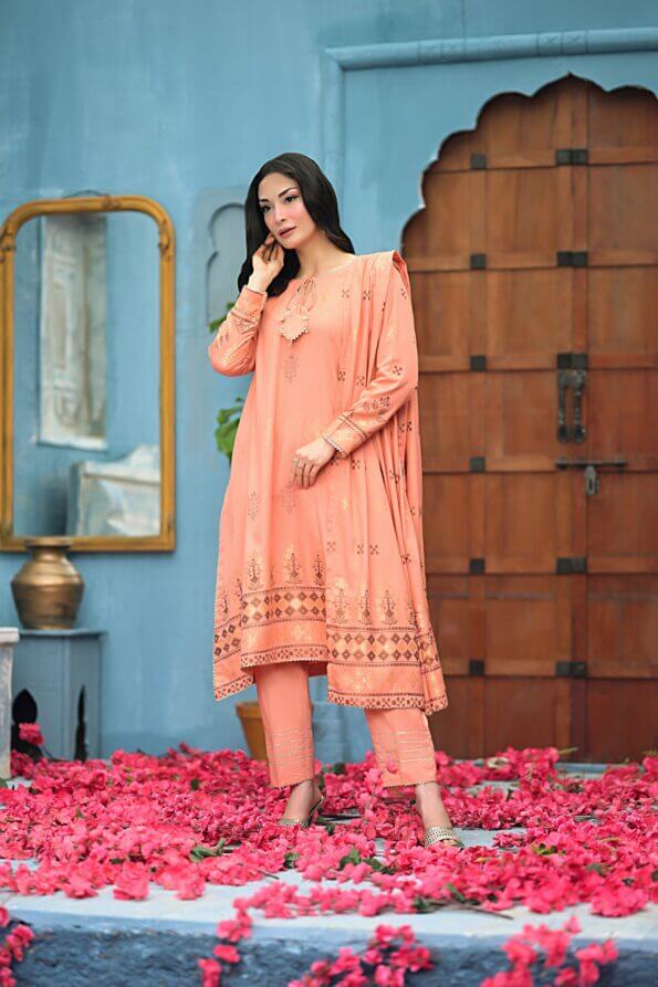 Peach | Regalia 3pc Unstitched Jacquard Viscose